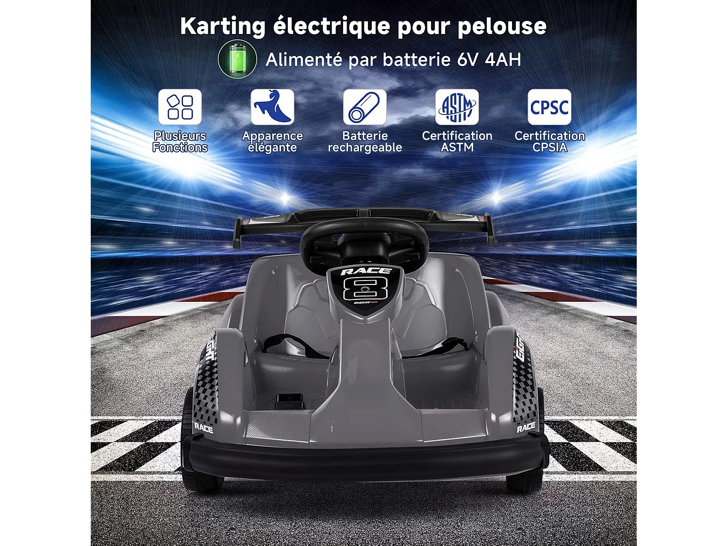 Kart à pédales voiture pour enfants - HOMEMiYN- Gris - 6V - Electrique - 4 roues