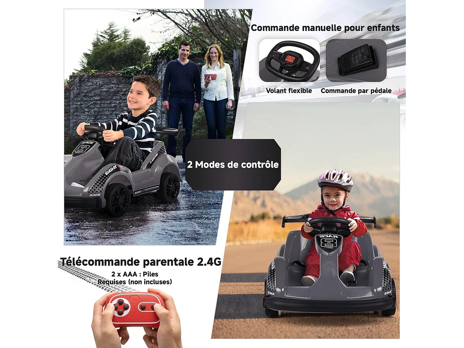 Kart électrique HOMEMIYN 6 V avec télécommande, ceinture de sécurité, démarrage lent, musique, 4 roues motrices, cadeau enfant. Noir.