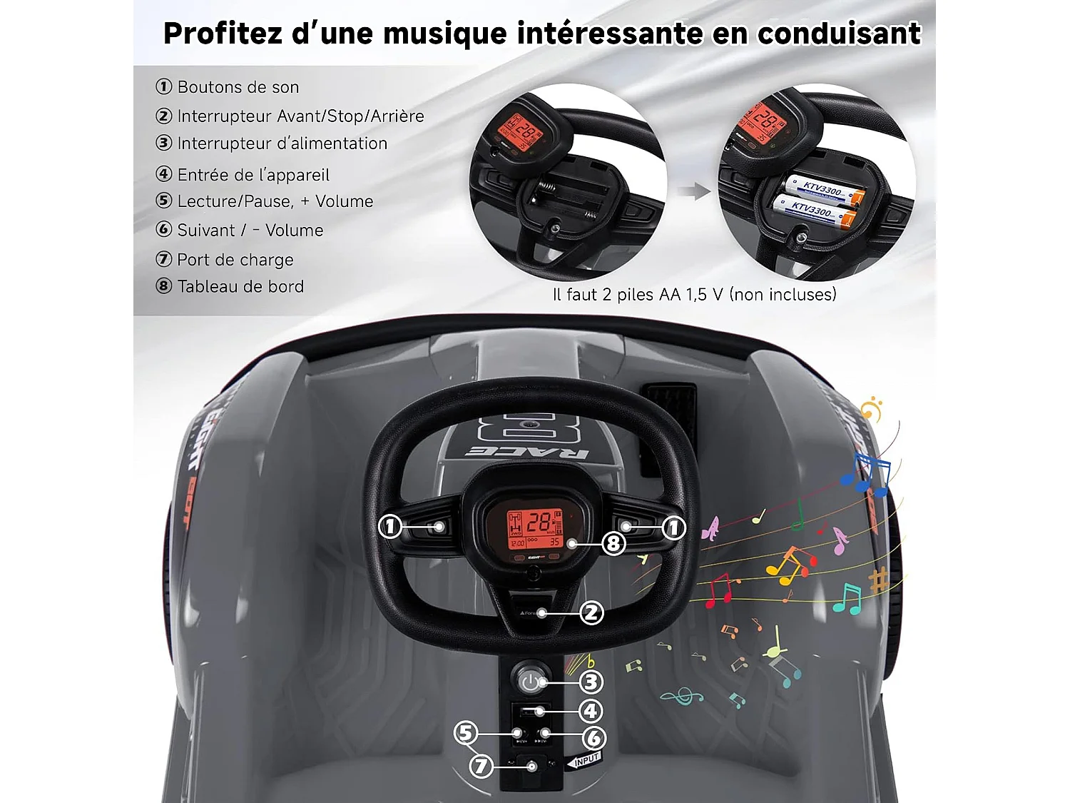 Kart électrique HOMEMIYN 6 V avec télécommande, ceinture de sécurité, démarrage lent, musique, 4 roues motrices, cadeau enfant. Noir.