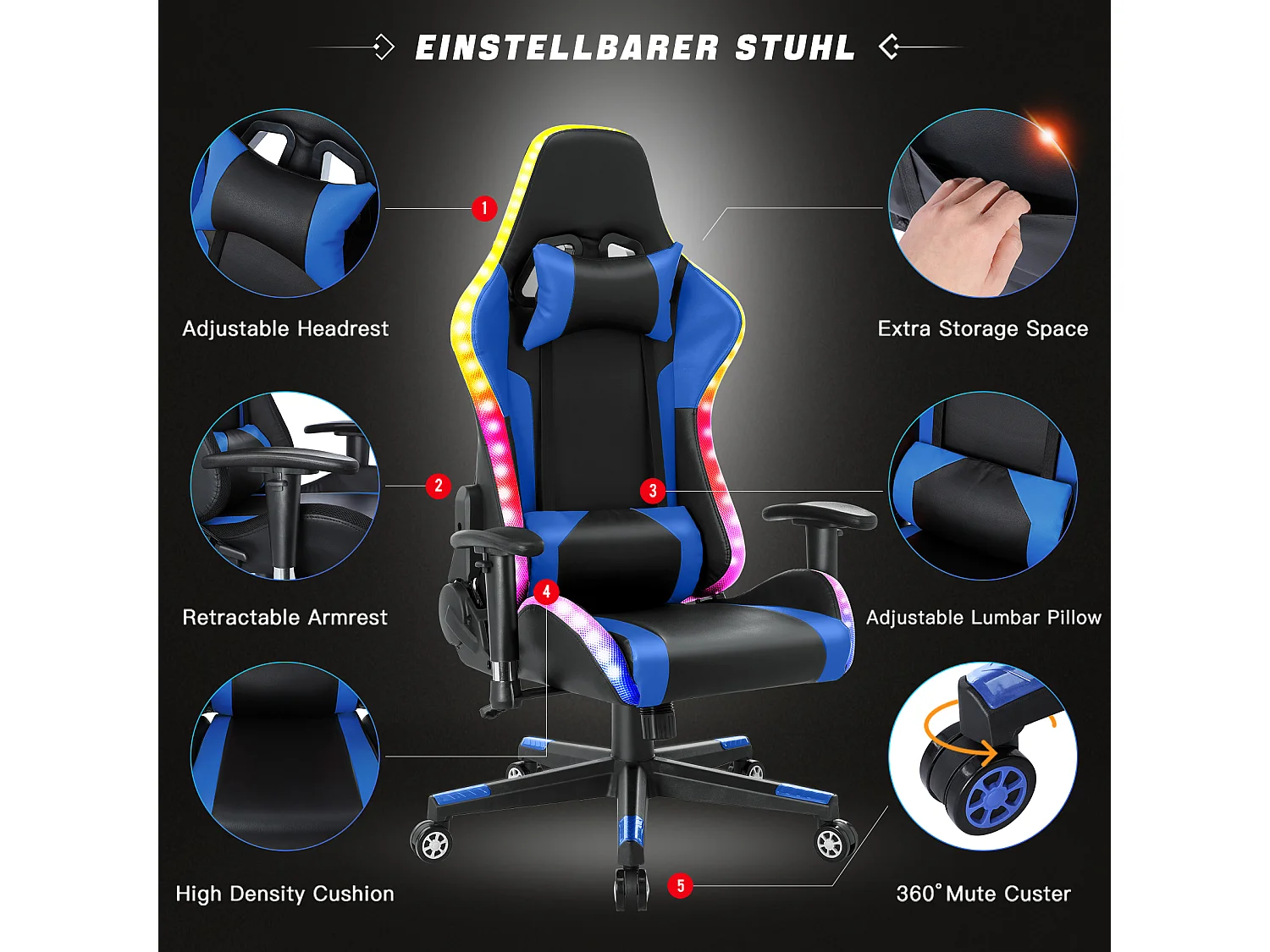 Gamingstoel met RGB LED-verlichting en luidsprekers Gamingstoel in racestijl Kantoorstoel PU-leren pc-stoel