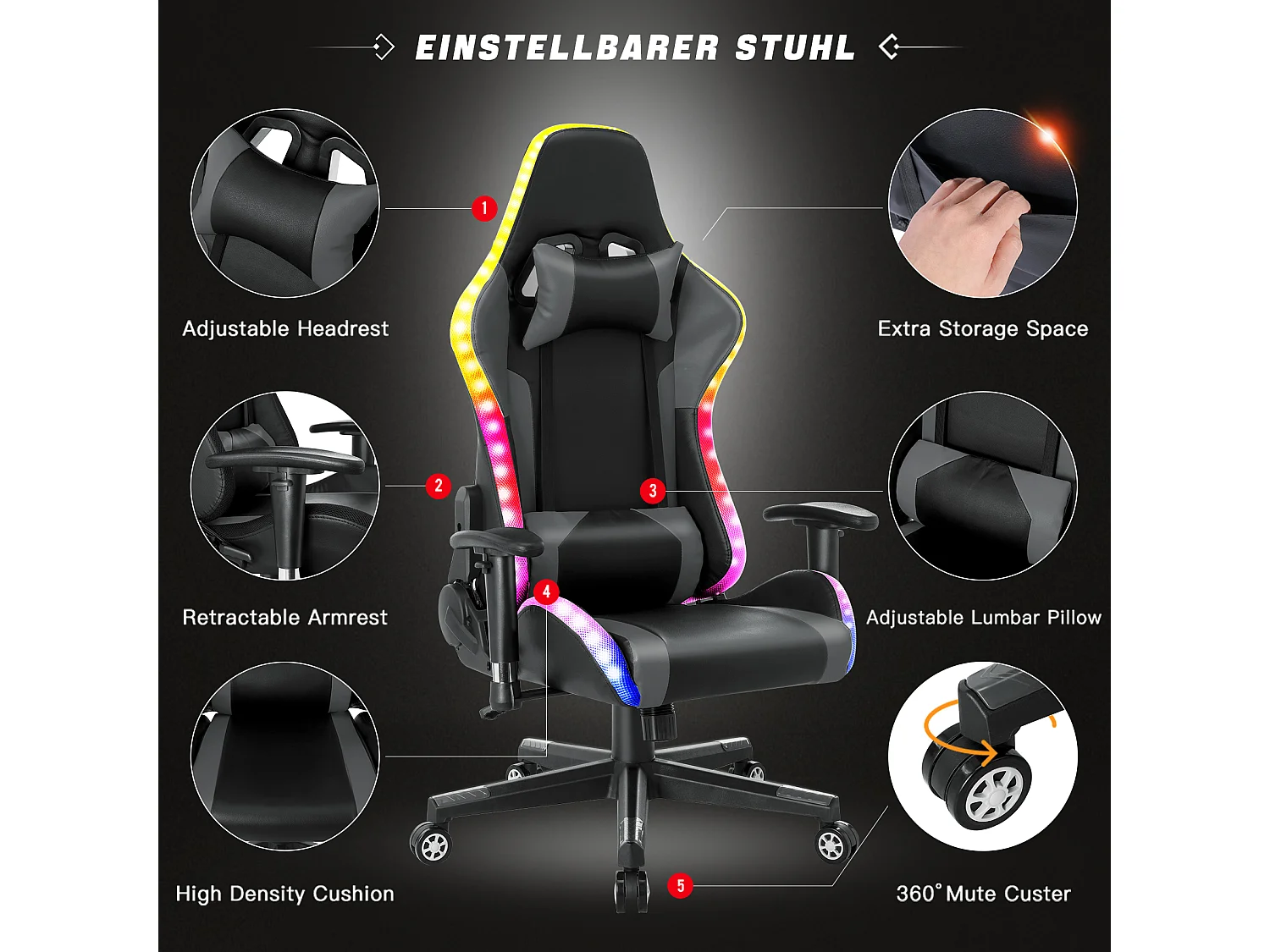 Silla gaming con luces LED RGB y altavoces, estilo racing, para oficina, de piel sintética gris.