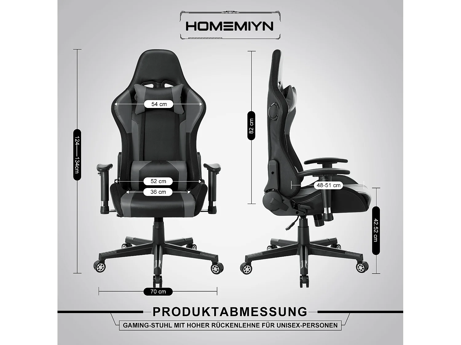 Silla gaming con luces LED RGB y altavoces, estilo racing, para oficina, de piel sintética gris.