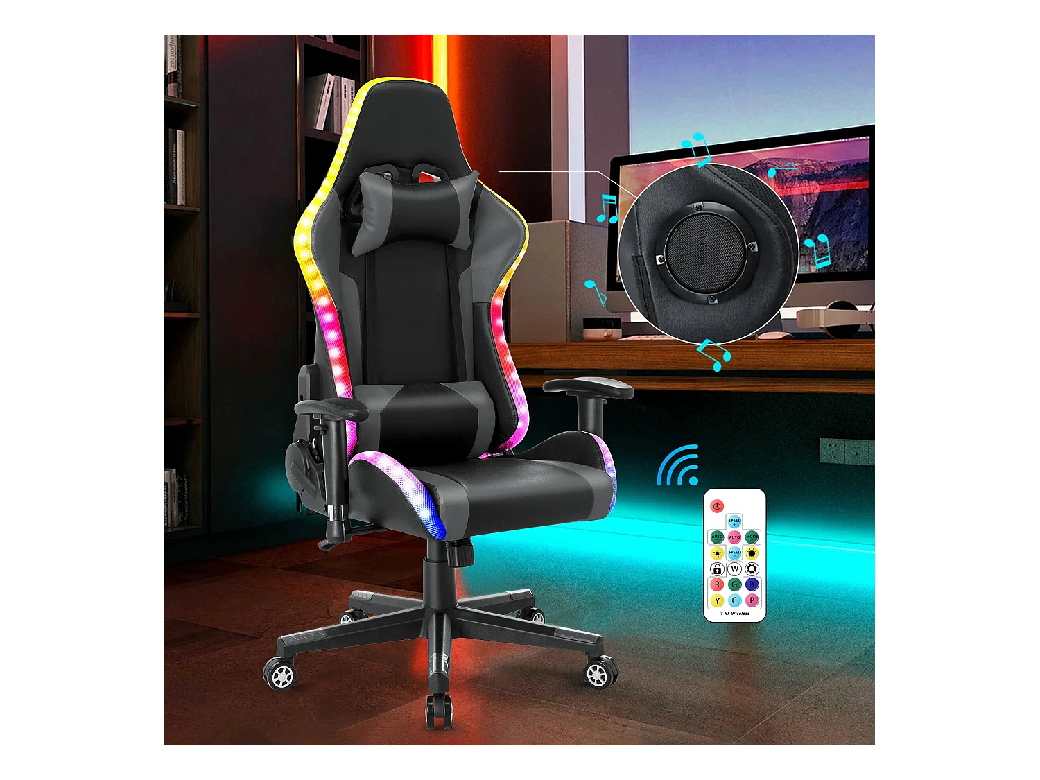 Chaise de jeu avec lumières LED RGB et haut-parleurs Chaise de gaming Chaise de bureau de style racing Chaise PC en cuir PU gris