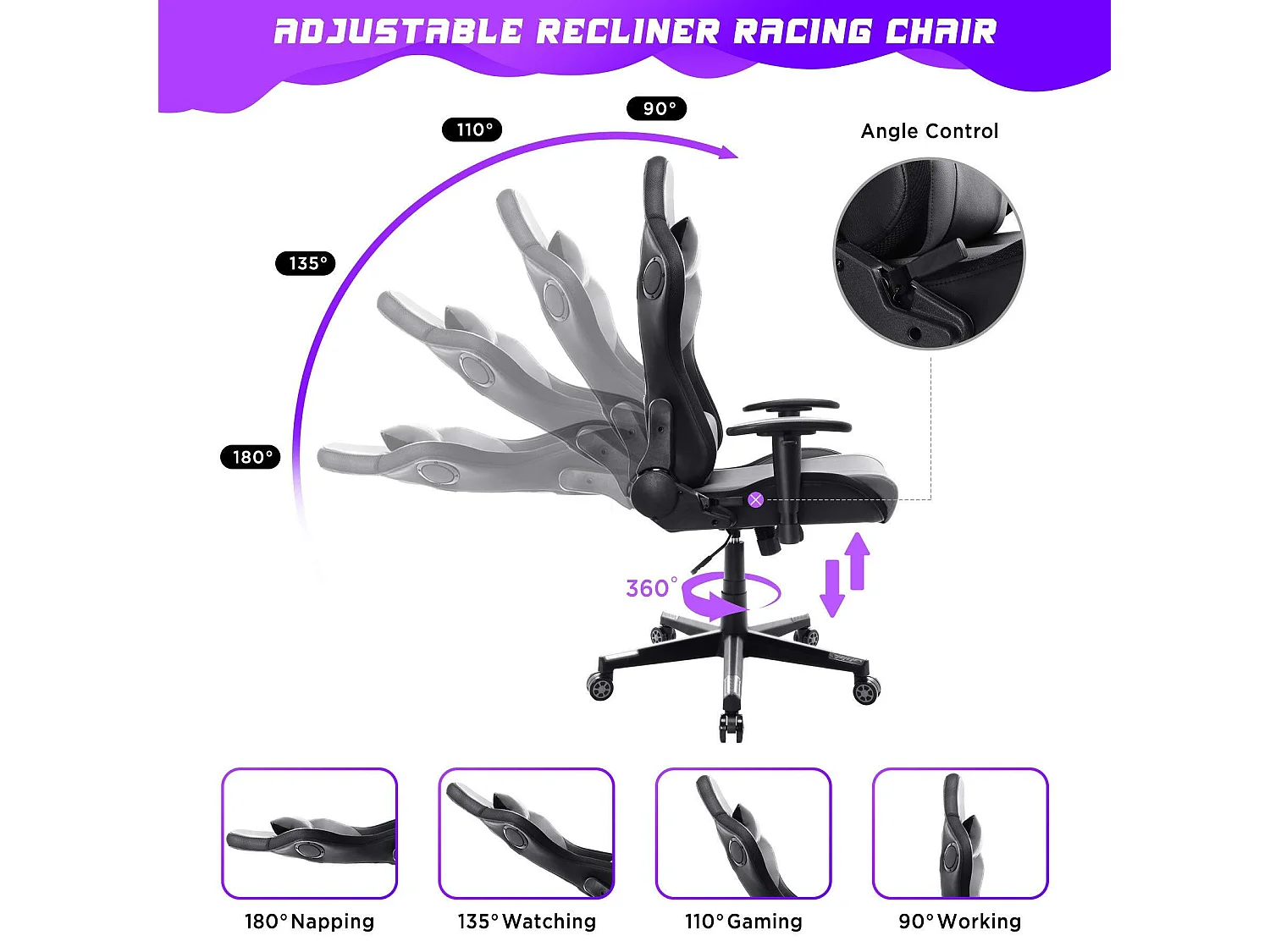 Chaise de jeu avec lumières LED RGB et haut-parleurs Chaise de gaming Chaise de bureau de style racing Chaise PC en cuir PU gris