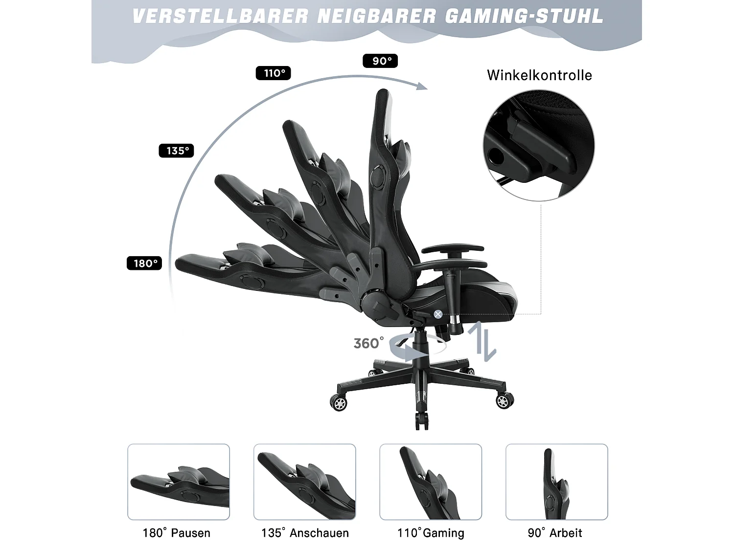Chaise de jeu avec lumières LED RGB et haut-parleurs Chaise de gaming Chaise de bureau de style racing Chaise PC en cuir PU gris