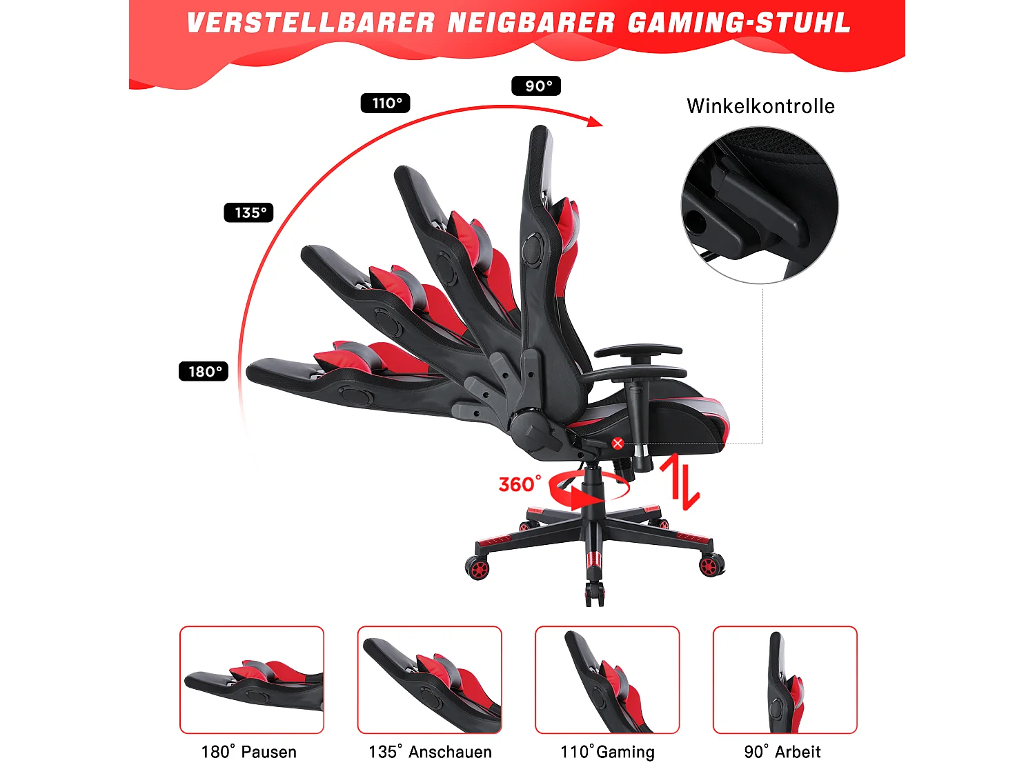 Silla para juegos con luces LED RGB y altavoces, estilo carreras, de oficina, de piel sintética roja