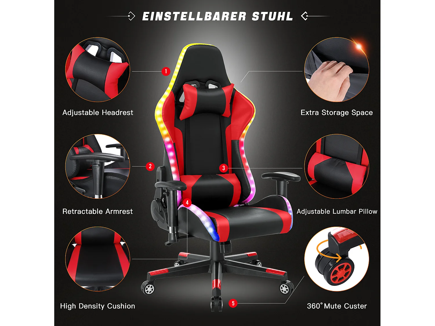 Silla para juegos con luces LED RGB y altavoces, estilo carreras, de oficina, de piel sintética roja