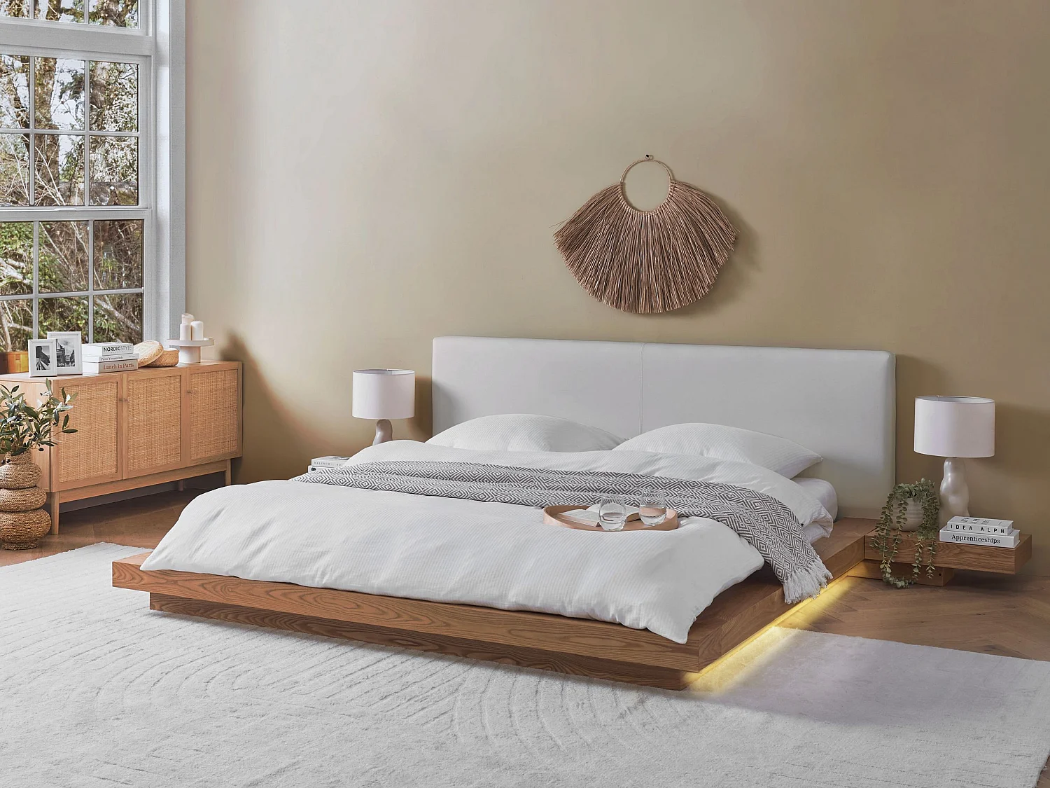 Lit avec LED Cuir PU ZEN 180 x 200 cm Frêne naturel