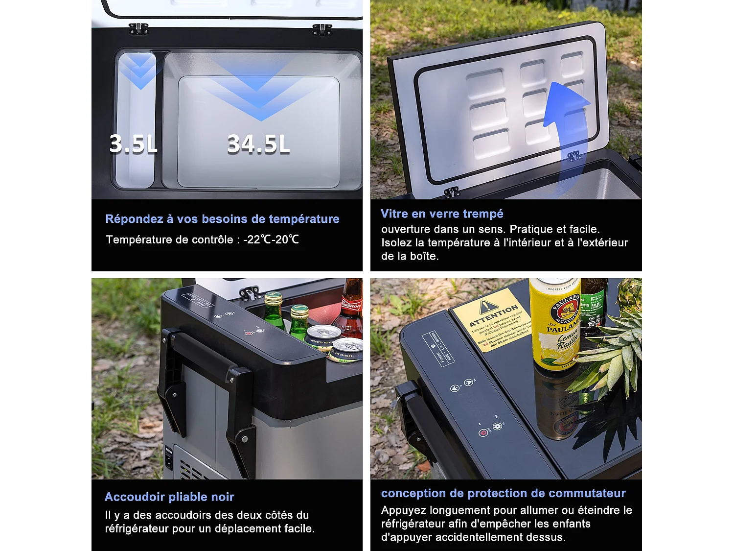 Réfrigérateur à compresseur portable pour voiture 12V 240V 38L Mini Réfrigérateur avec poignée Contrôle de la température -22℃-20℃