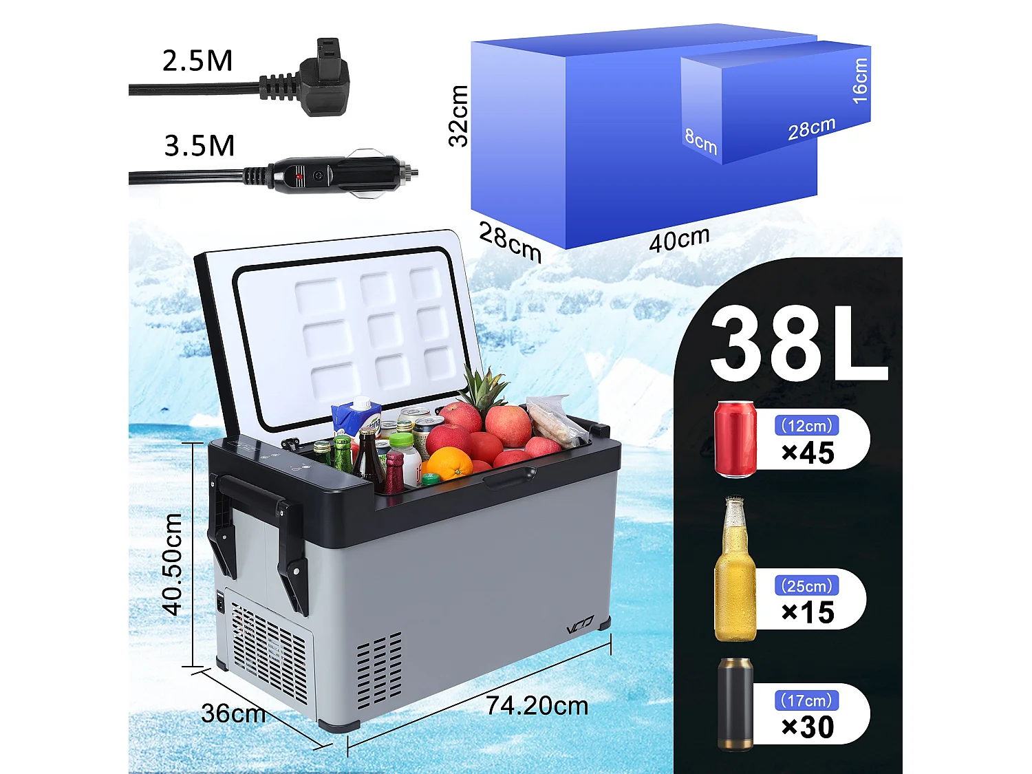 Réfrigérateur à compresseur portable pour voiture 12V 240V 38L Mini Réfrigérateur avec poignée Contrôle de la température -22℃-20℃