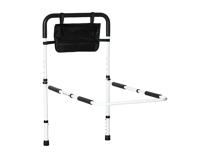Barre de redressement de lit réglable avec pochette - poignée d'appui pour le lit - barre d'appui de lit - acier blanc EVA noir