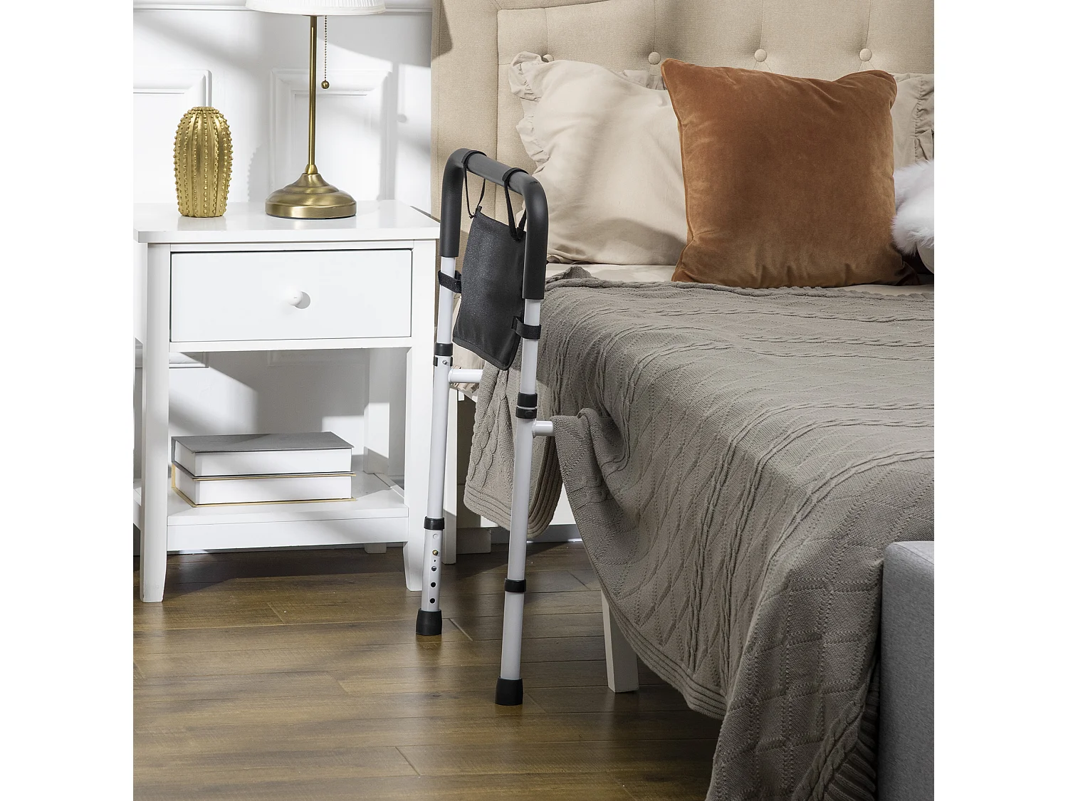 Barre de redressement de lit réglable avec pochette - poignée d'appui pour le lit - barre d'appui de lit - acier blanc EVA noir