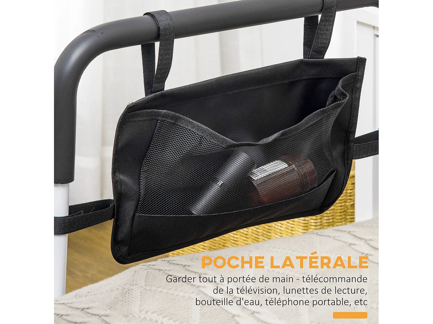 Barre de redressement de lit réglable avec pochette - poignée d'appui pour le lit - barre d'appui de lit - acier blanc EVA noir