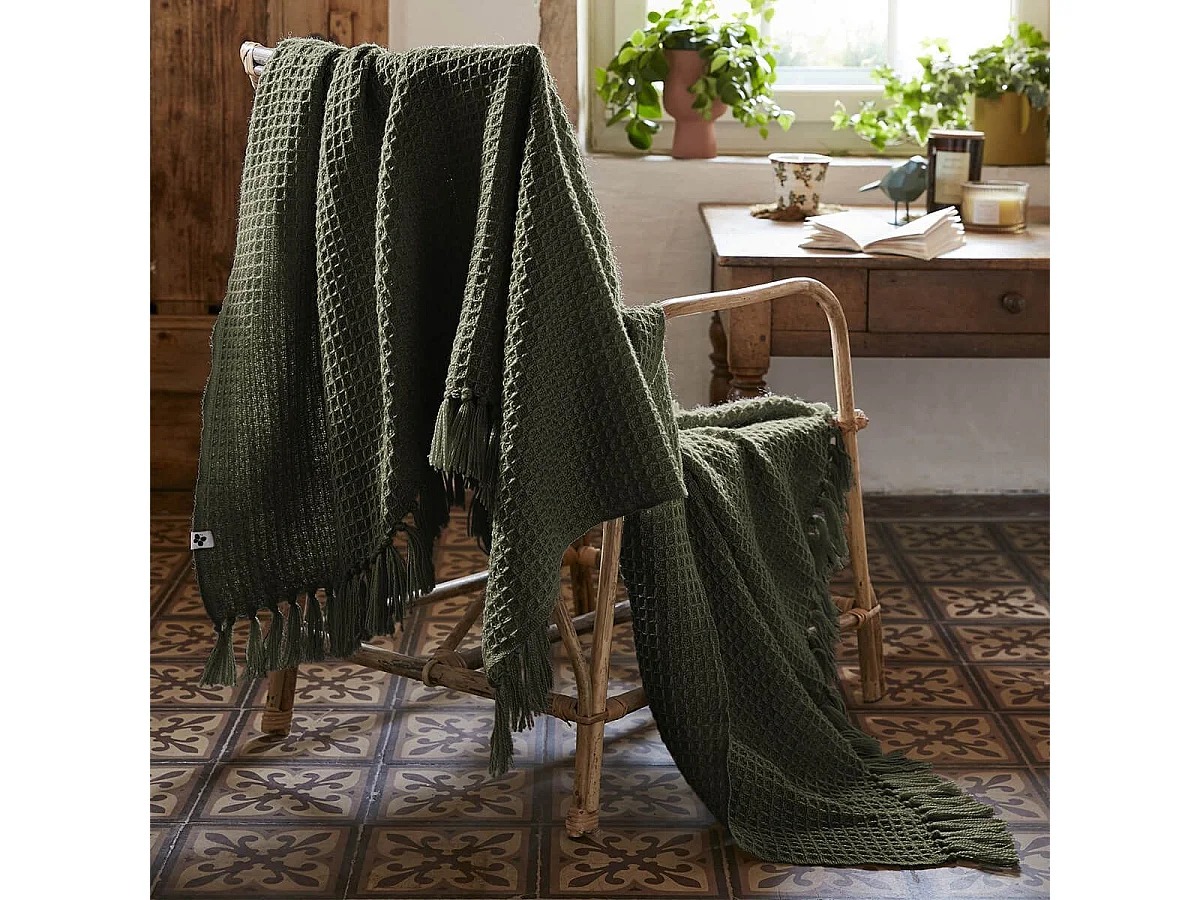 KARL - Plaid à Franges 100% Recyclé Tissage Nid d'abeilles 180x220cm Thym