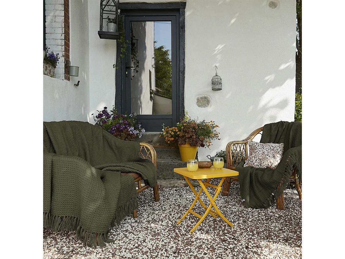 KARL - Plaid à Franges 100% Recyclé Tissage Nid d'abeilles 180x220cm Thym