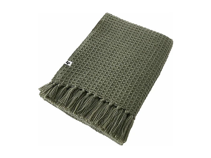 KARL - Plaid à Franges 100% Recyclé Tissage Nid d'abeilles 180x220cm Thym