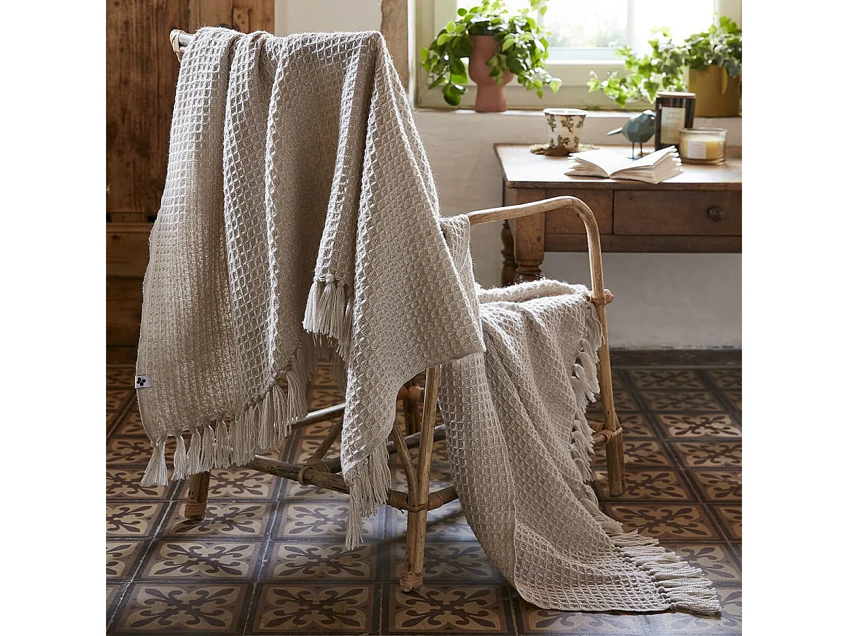 KARL - Plaid à Franges 100% Recyclé Tissage Nid d'abeilles 180x220cm Pampa