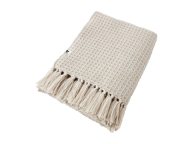 KARL - Plaid à Franges 100% Recyclé Tissage Nid d'abeilles 180x220cm Pampa