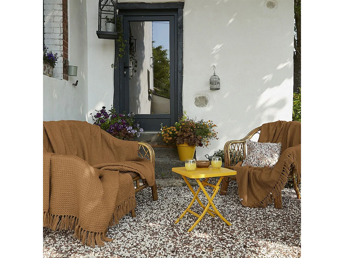 KARL - Plaid à Franges 100% Recyclé Tissage Nid d'abeilles 180x220cm Camel