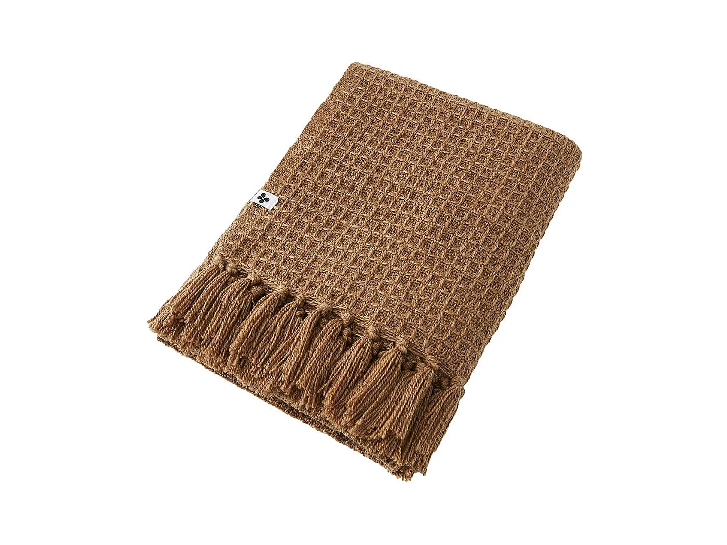 KARL - Plaid à Franges 100% Recyclé Tissage Nid d'abeilles 180x220cm Camel