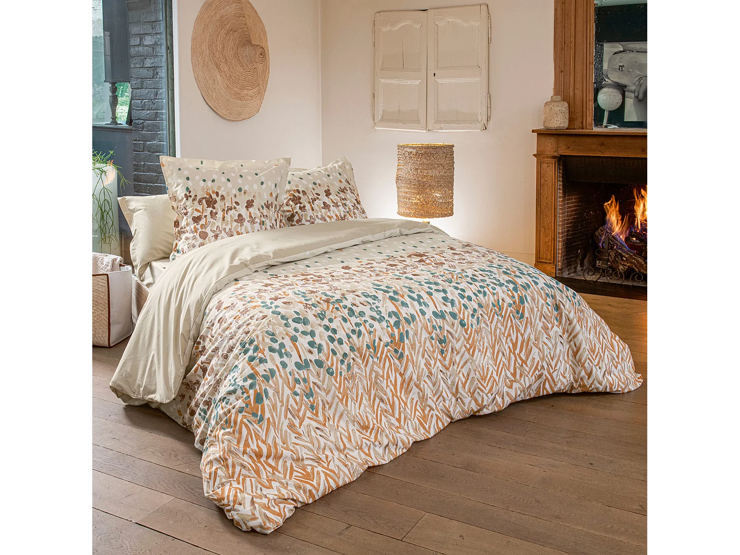 Parure de lit 240x220 cm 65x65 cm coton ÉVASION pêche 3 pièces