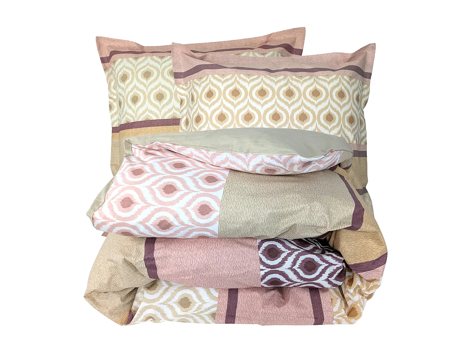 Parure de lit 3 pièces : housse 280x240 cm et taies 65x65 cm coton INOUK rose/beige