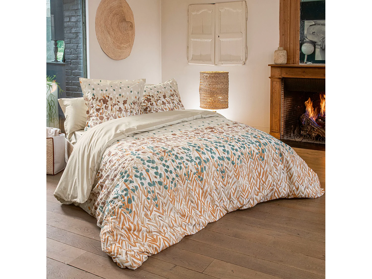 Parure de lit 200x200 cm 65x65 cm coton ÉVASION pêche 3 pièces