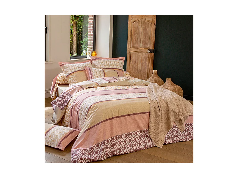 Parure de lit 3 pièces : housse 240x220 cm et taies 65x65 cm coton INOUK rose/beige