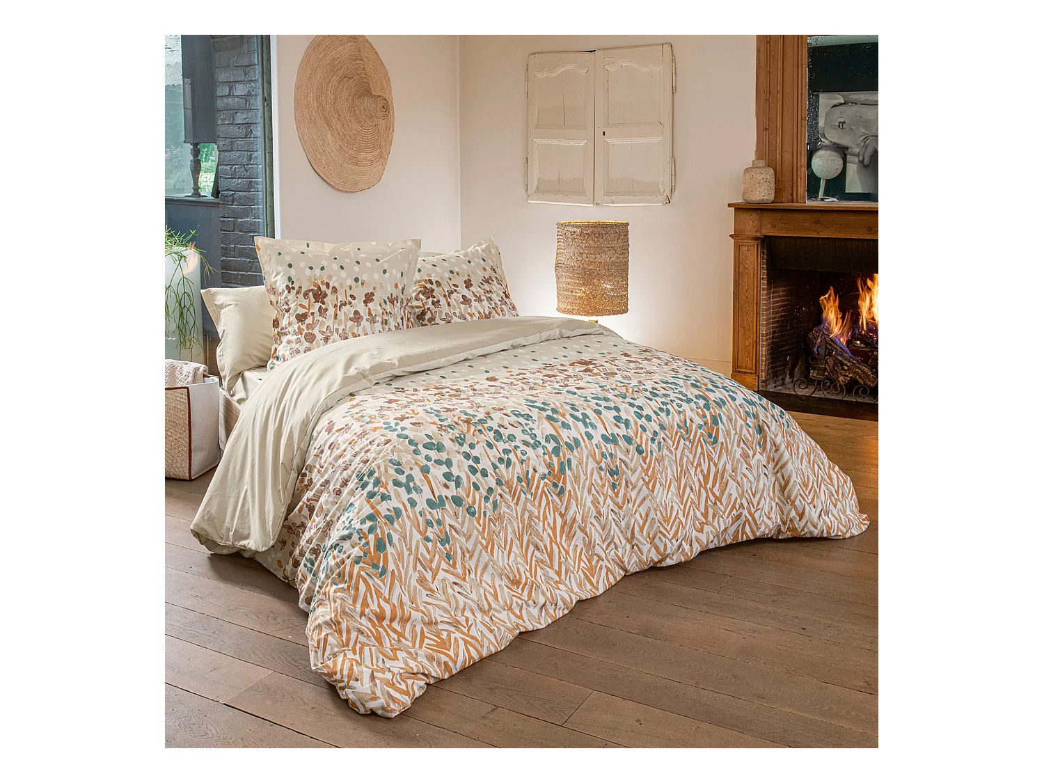 Parure de lit 260x240 cm 65x65 cm coton ÉVASION pêche 3 pièces