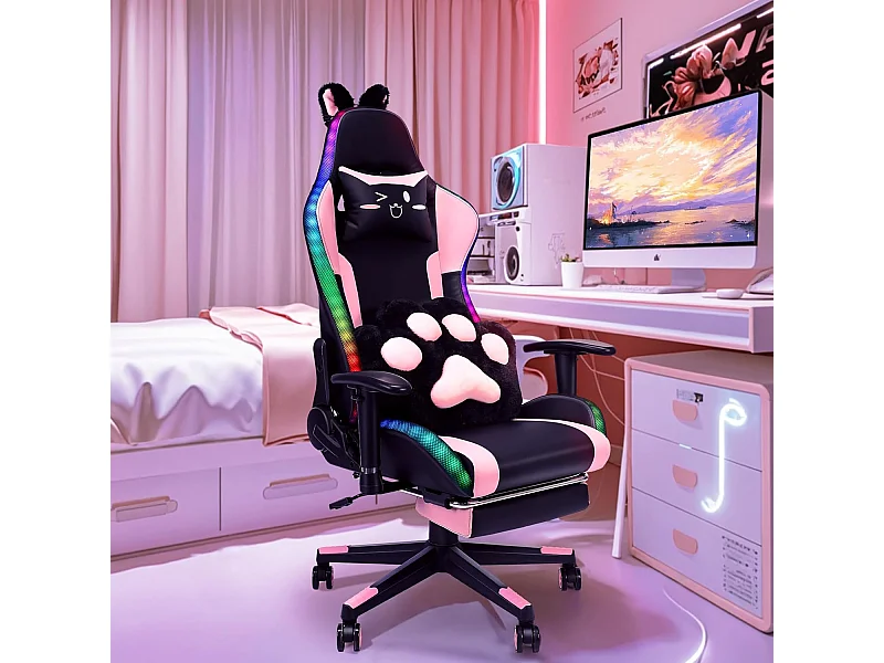 Chaise Gaming HOMEMiYN- Noir & Rose– Haut-parleurs Bluetooth, LED RGB, Ergonomique