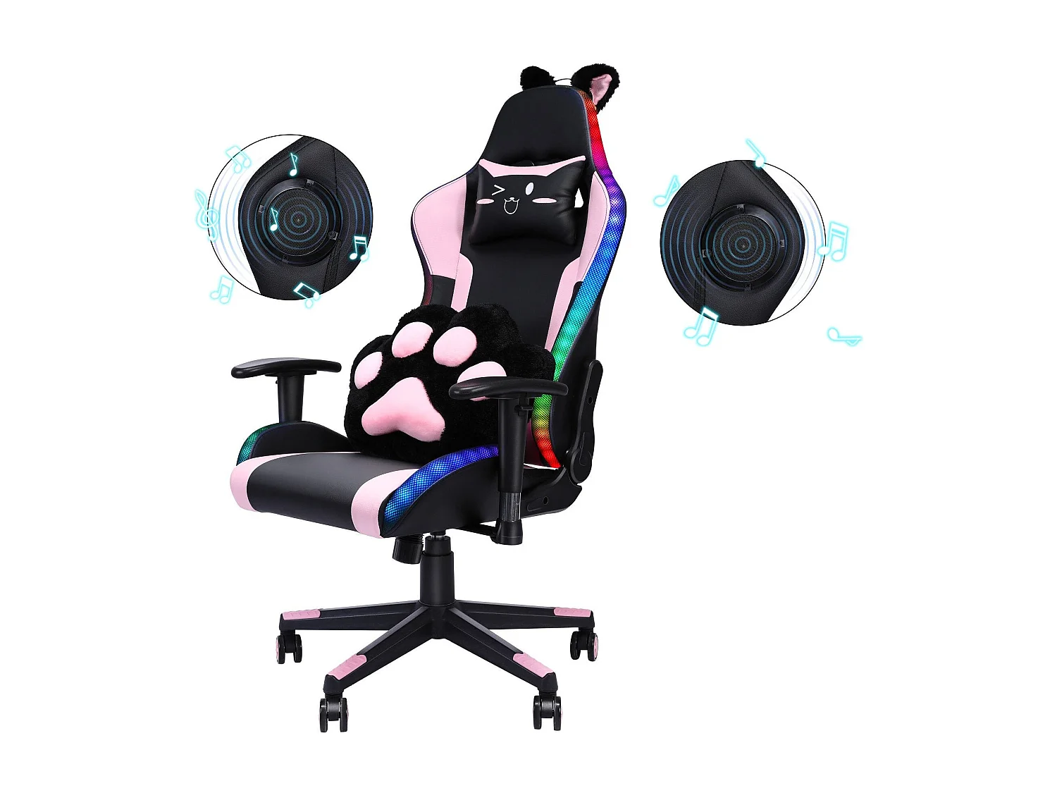 Gamingstoel roze RGB met speakers, LED, hoofdsteun, armleuningen en voetensteun - Ergonomisch, kantelbaar PU leder voor eSport (154 karakters)