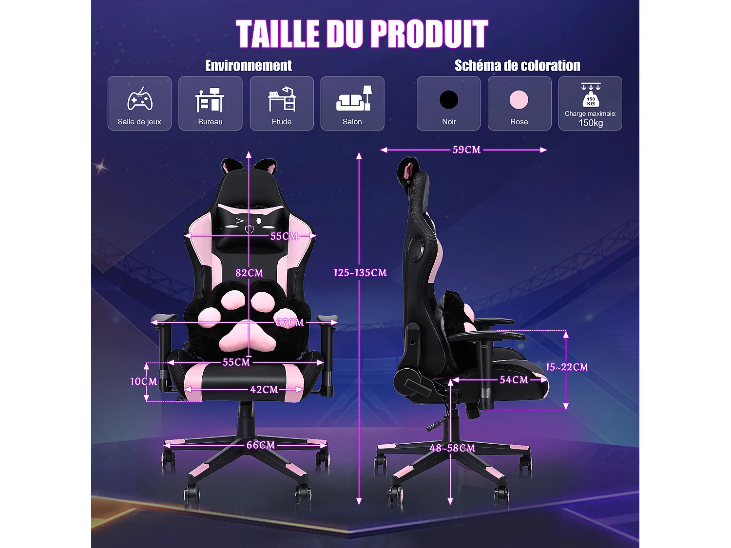 Gamingstoel roze RGB met speakers, LED, hoofdsteun, armleuningen en voetensteun - Ergonomisch, kantelbaar PU leder voor eSport (154 karakters)