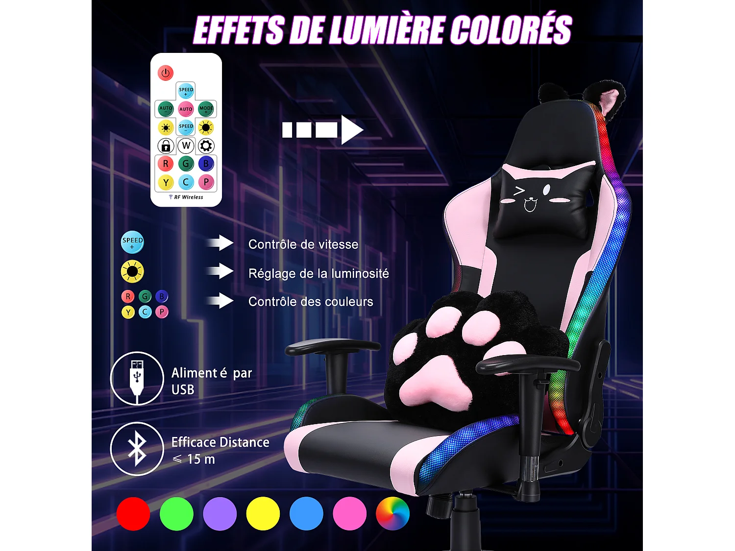 Gamingstoel roze RGB met speakers, LED, hoofdsteun, armleuningen en voetensteun - Ergonomisch, kantelbaar PU leder voor eSport (154 karakters)
