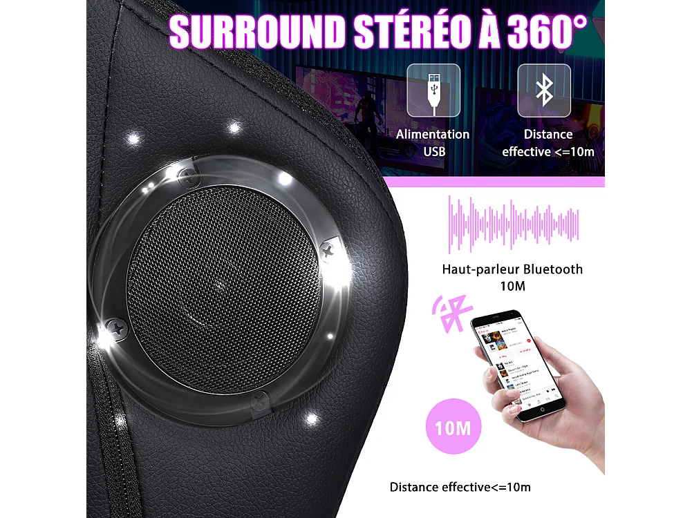 Gamingstoel roze RGB met speakers, LED, hoofdsteun, armleuningen en voetensteun - Ergonomisch, kantelbaar PU leder voor eSport (154 karakters)