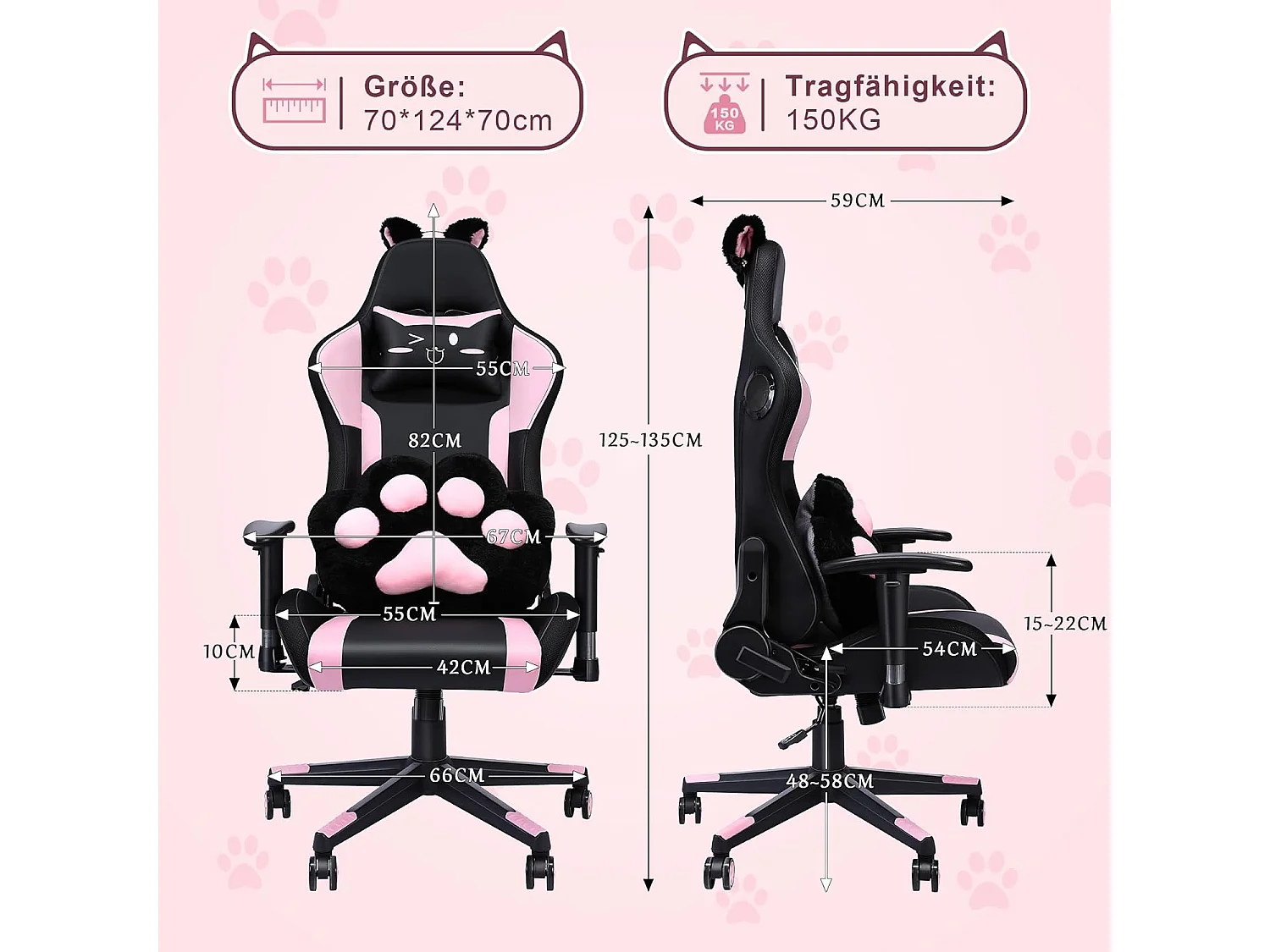 Gamingstoel roze RGB met speakers, LED, hoofdsteun, armleuningen en voetensteun - Ergonomisch, kantelbaar PU leder voor eSport (154 karakters)