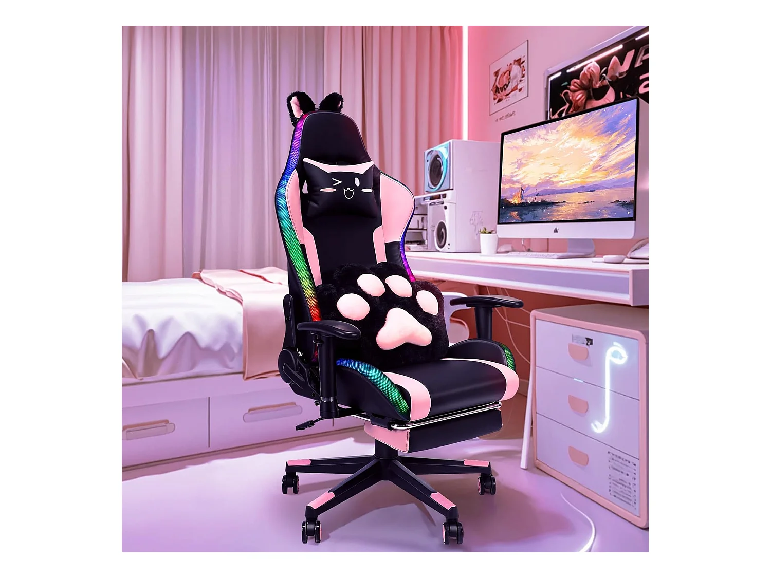 Chaise Gaming HOMEMiYN- Noir & Rose– Haut-parleurs Bluetooth, LED RGB, Ergonomique