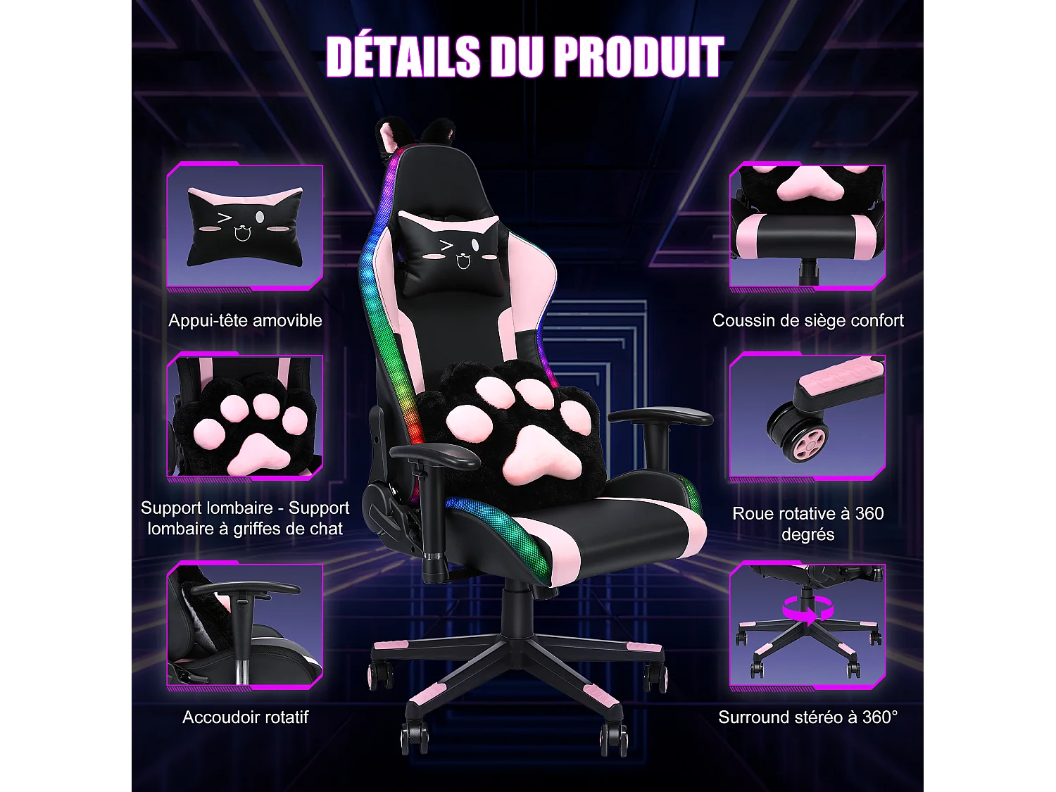 Chaise Gaming HOMEMiYN- Noir & Rose– Haut-parleurs Bluetooth, LED RGB, Ergonomique