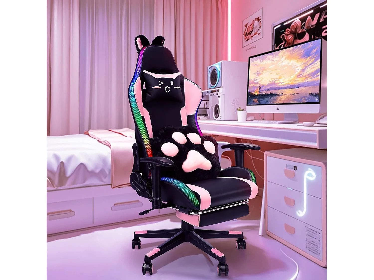 Gamingstoel roze RGB met speakers, LED, hoofdsteun, armleuningen en voetensteun - Ergonomisch, kantelbaar PU leder voor eSport (154 karakters)