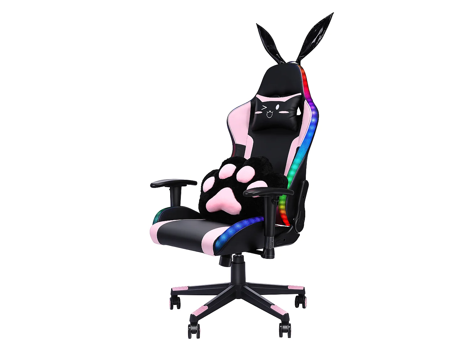 Chaise de jeu avec haut-parleurs, vidéo et lumière RVB,  fauteuil inclinable en cuir PU, chaise d'ordinateur e-sport pivotante avec appui-tête