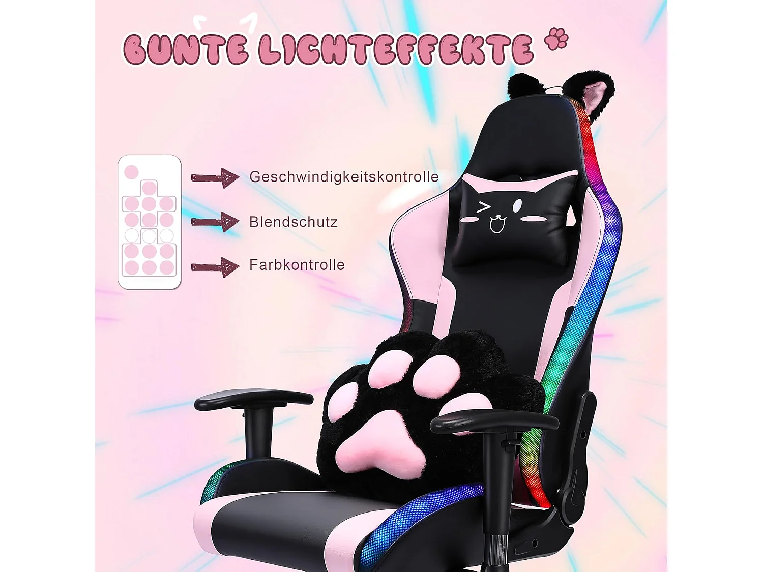 Chaise de jeu avec haut-parleurs, vidéo et lumière RVB,  fauteuil inclinable en cuir PU, chaise d'ordinateur e-sport pivotante avec appui-tête