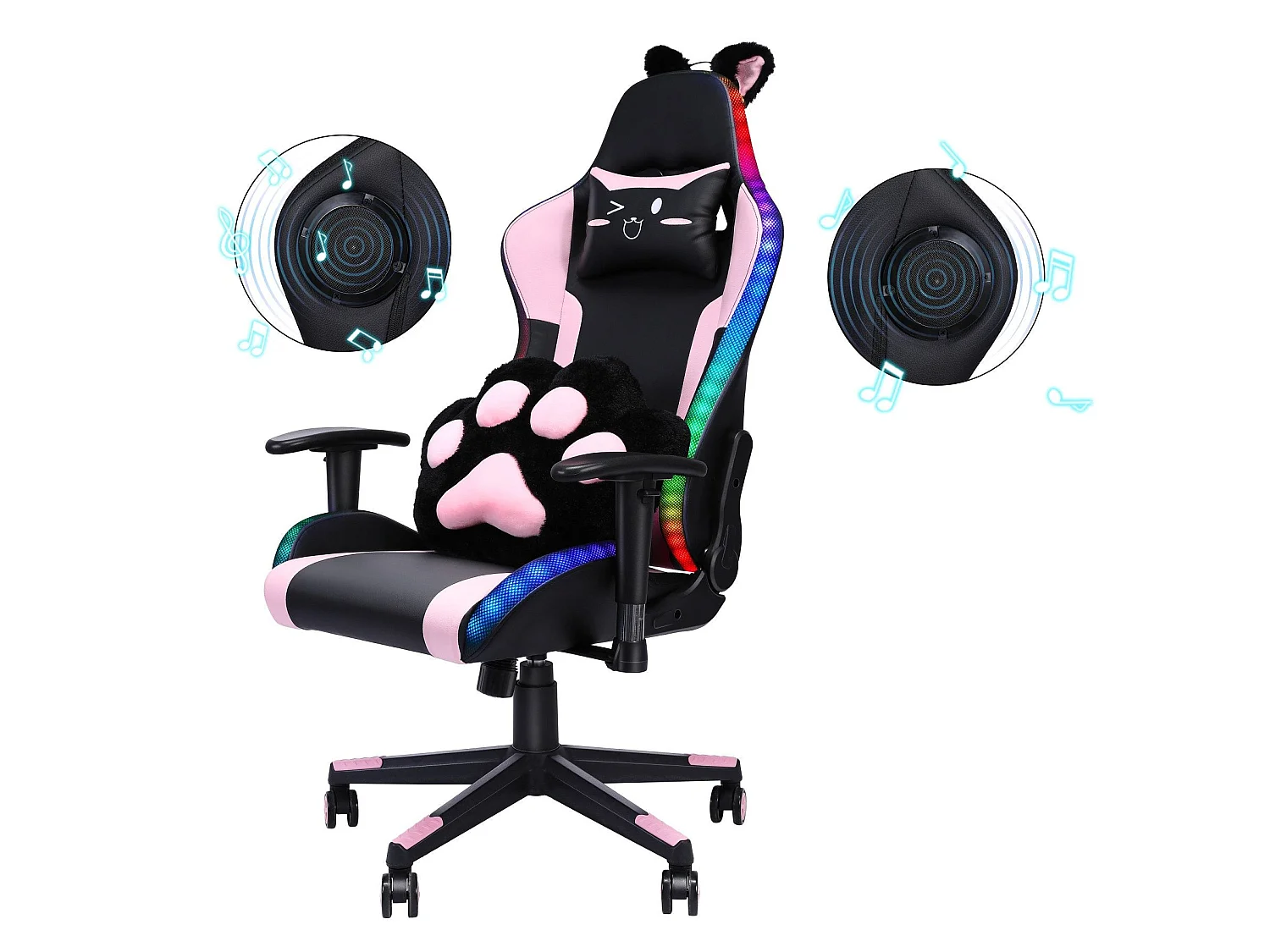 Chaise de jeu avec haut-parleurs, vidéo et lumière RVB,  fauteuil inclinable en cuir PU, chaise d'ordinateur e-sport pivotante avec appui-tête