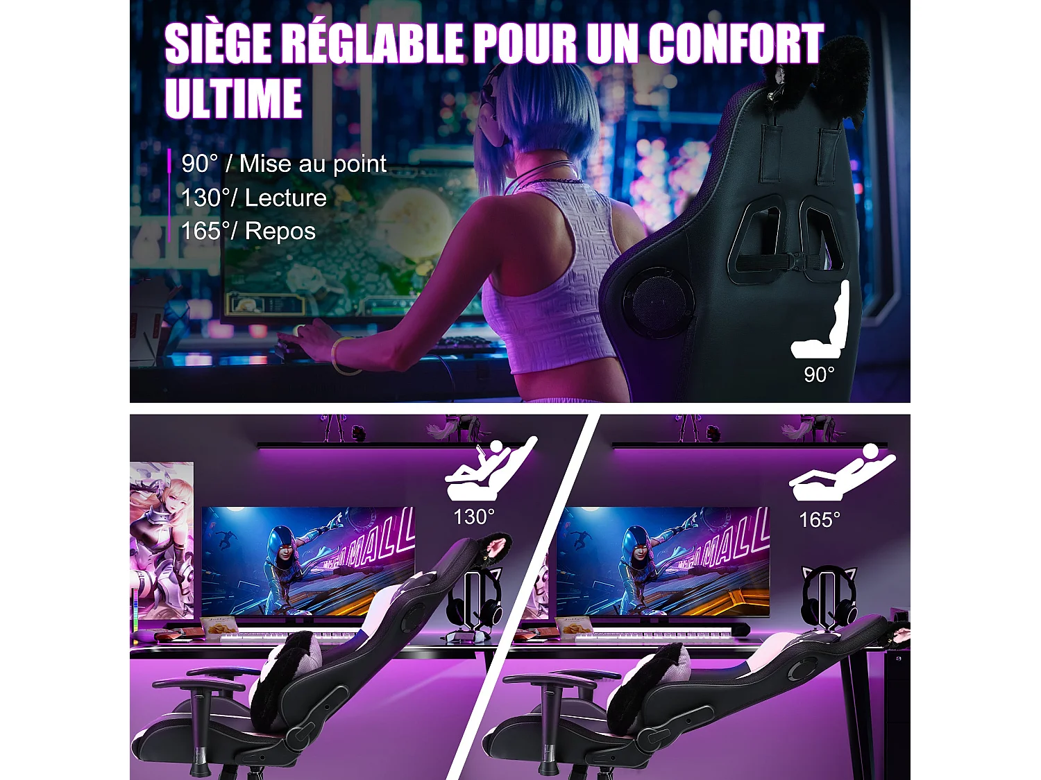 Chaise de jeu avec haut-parleurs, vidéo et lumière RVB,  fauteuil inclinable en cuir PU, chaise d'ordinateur e-sport pivotante avec appui-tête