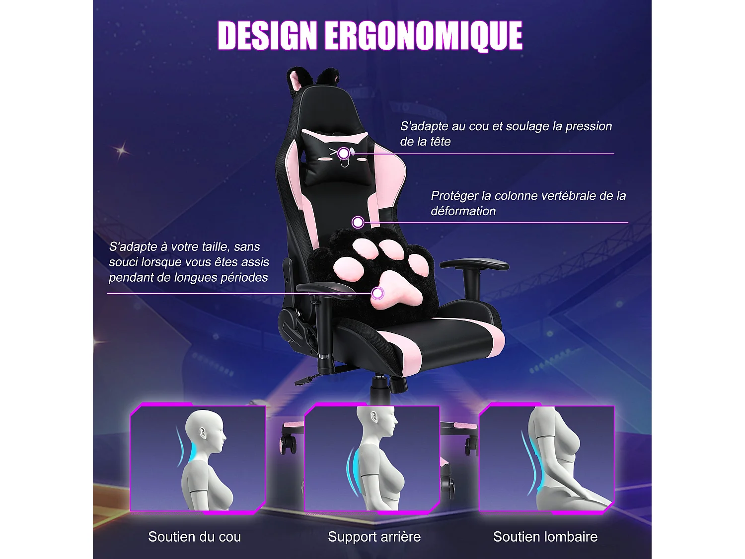 Chaise de jeu avec haut-parleurs, vidéo et lumière RVB,  fauteuil inclinable en cuir PU, chaise d'ordinateur e-sport pivotante avec appui-tête
