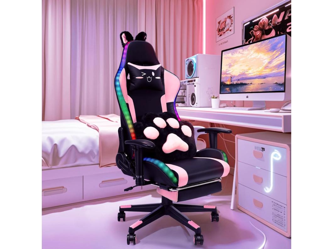 Gamingstoel met luidsprekers, video en RGB-licht, ergonomische racestoel, PU-leren relaxfauteuil, lendensteun (voetensteun, led, luidsprekers, roze)