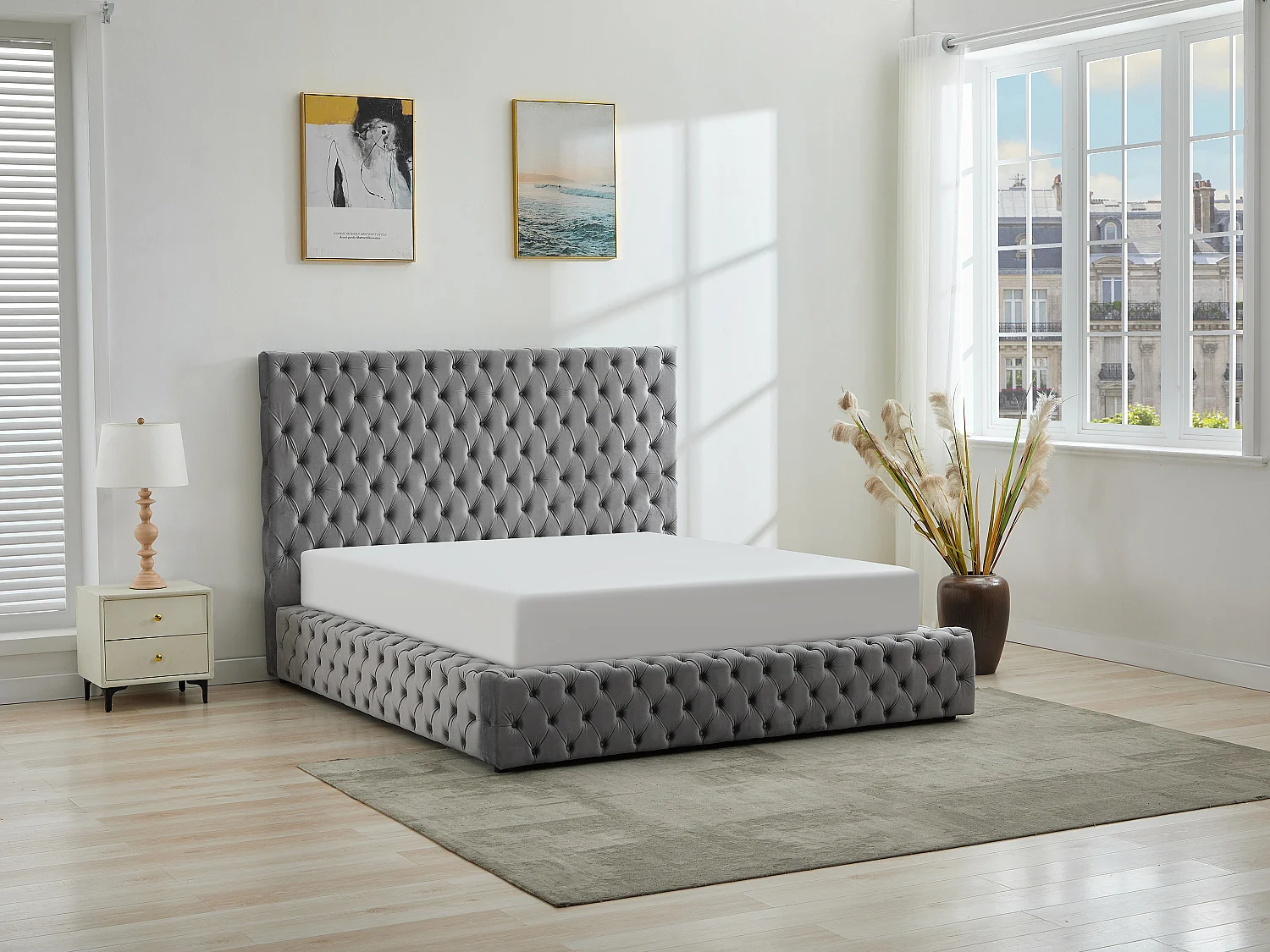 Chesterfield-Bett mit Bettkasten - 160 x 200 cm - Samt - Grau - DULENI