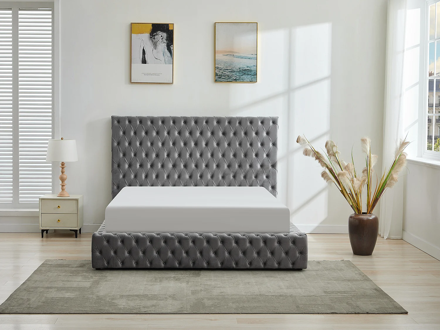 Lit coffre chesterfield 160 x 200 cm - Velours - Gris - DULENI
