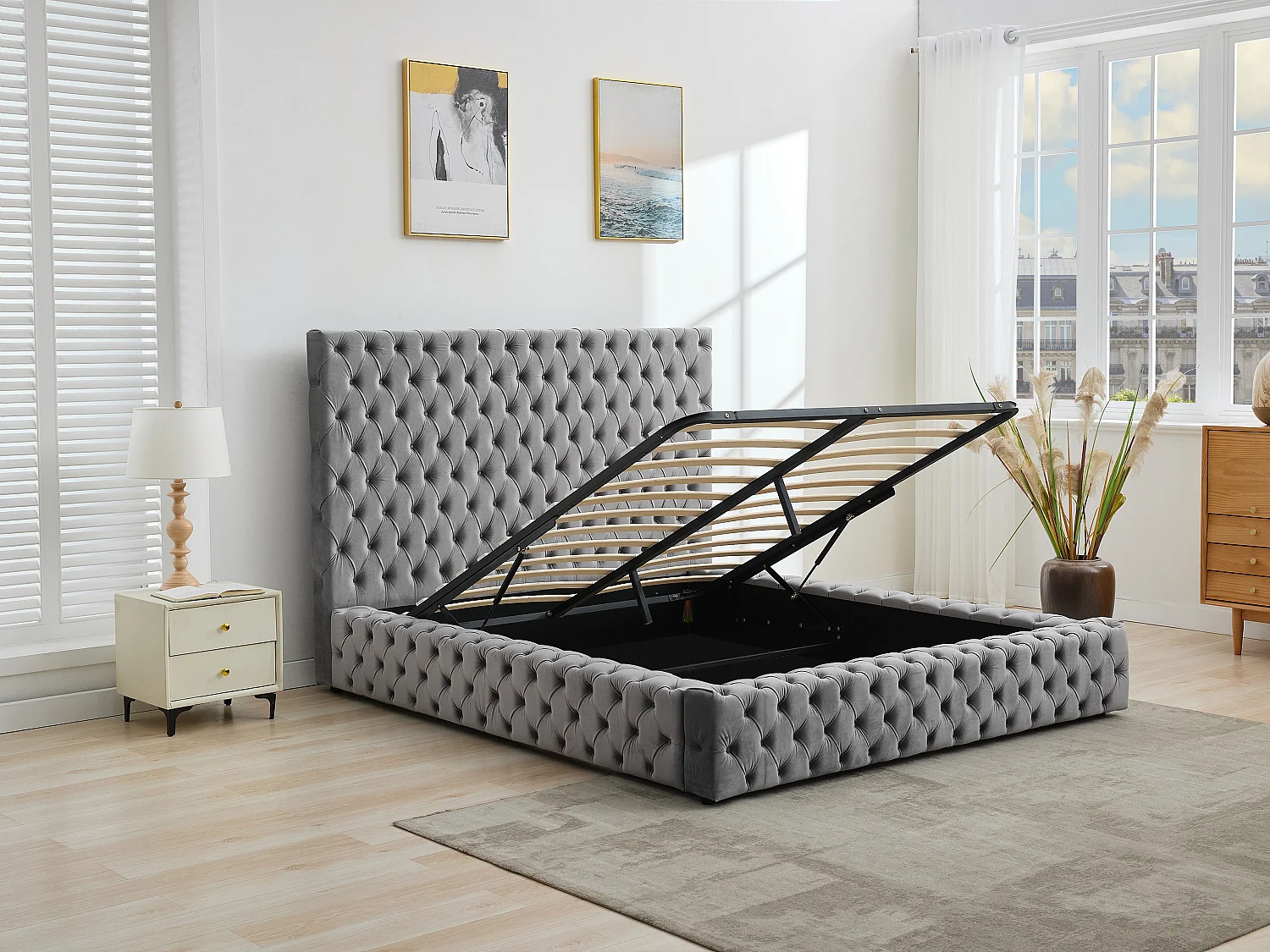 Lit coffre chesterfield 160 x 200 cm - Velours - Gris - DULENI