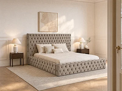 Chesterfield-Bett mit Bettkasten - 160 x 200 cm - Samt - Taupe - DULENI