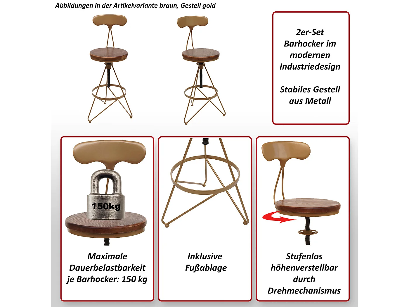 Barkruk MCW-N18 (set van 2),  bruin, zwart frame