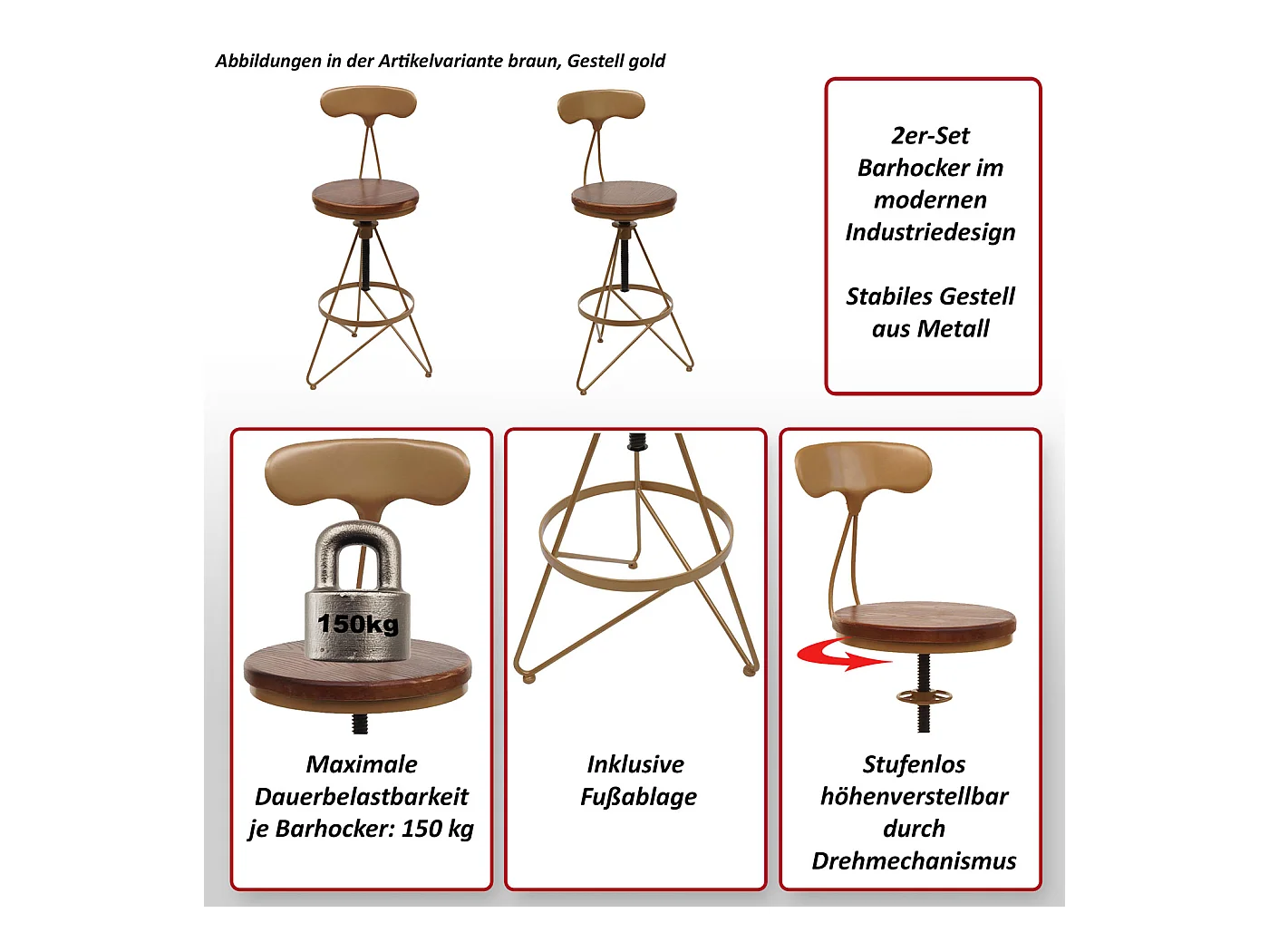 Barkruk MCW-N18 (set van 2),  bruin, zwart frame